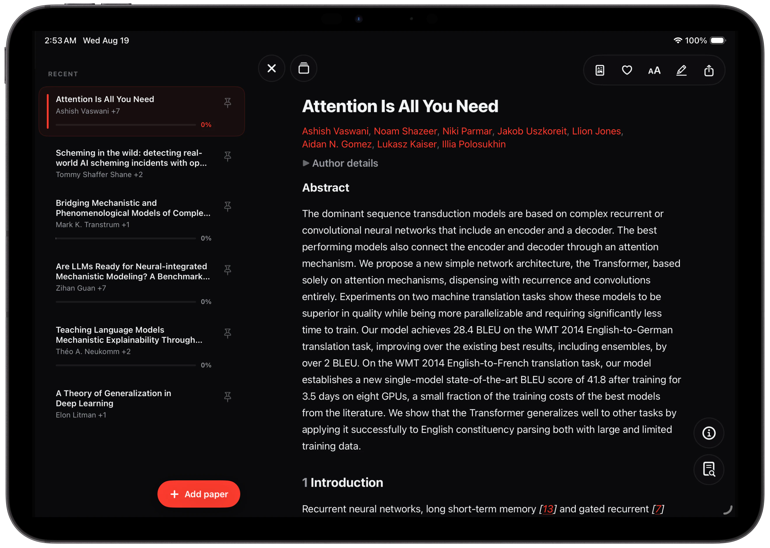 Recent and pinned papers beside the FirstPass reader on iPad