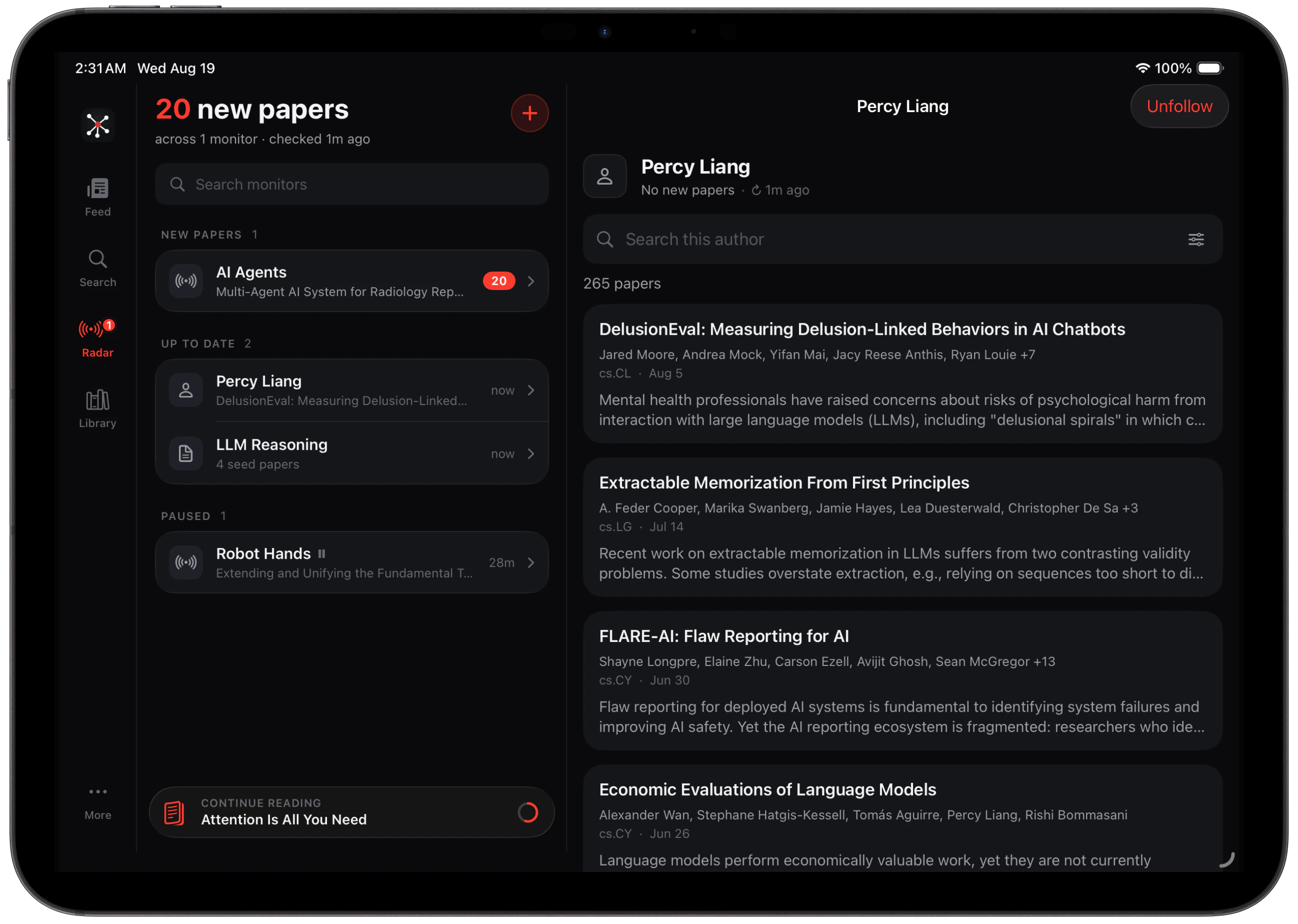 FirstPass Radars monitoring topics and authors on iPad