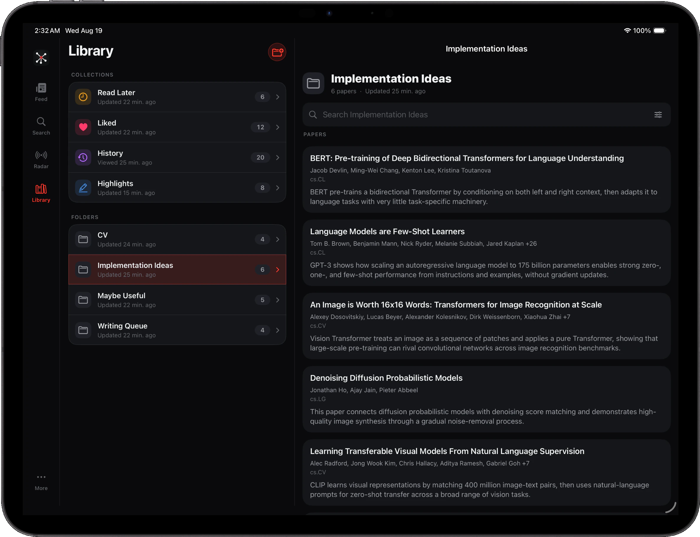 FirstPass Library showing saved papers and research collections on iPad