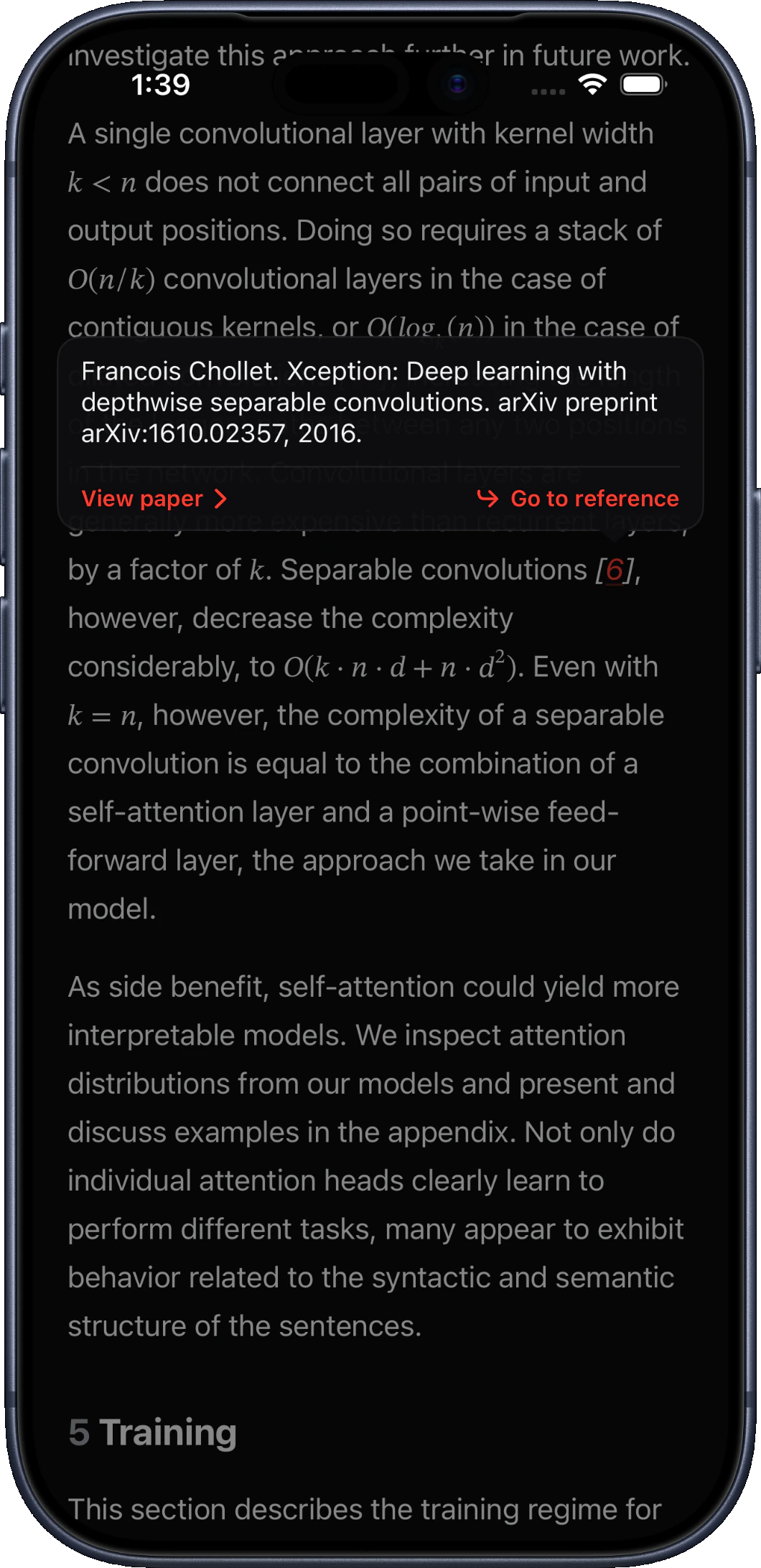 A reference preview open over the sentence that cites it in FirstPass on iPhone