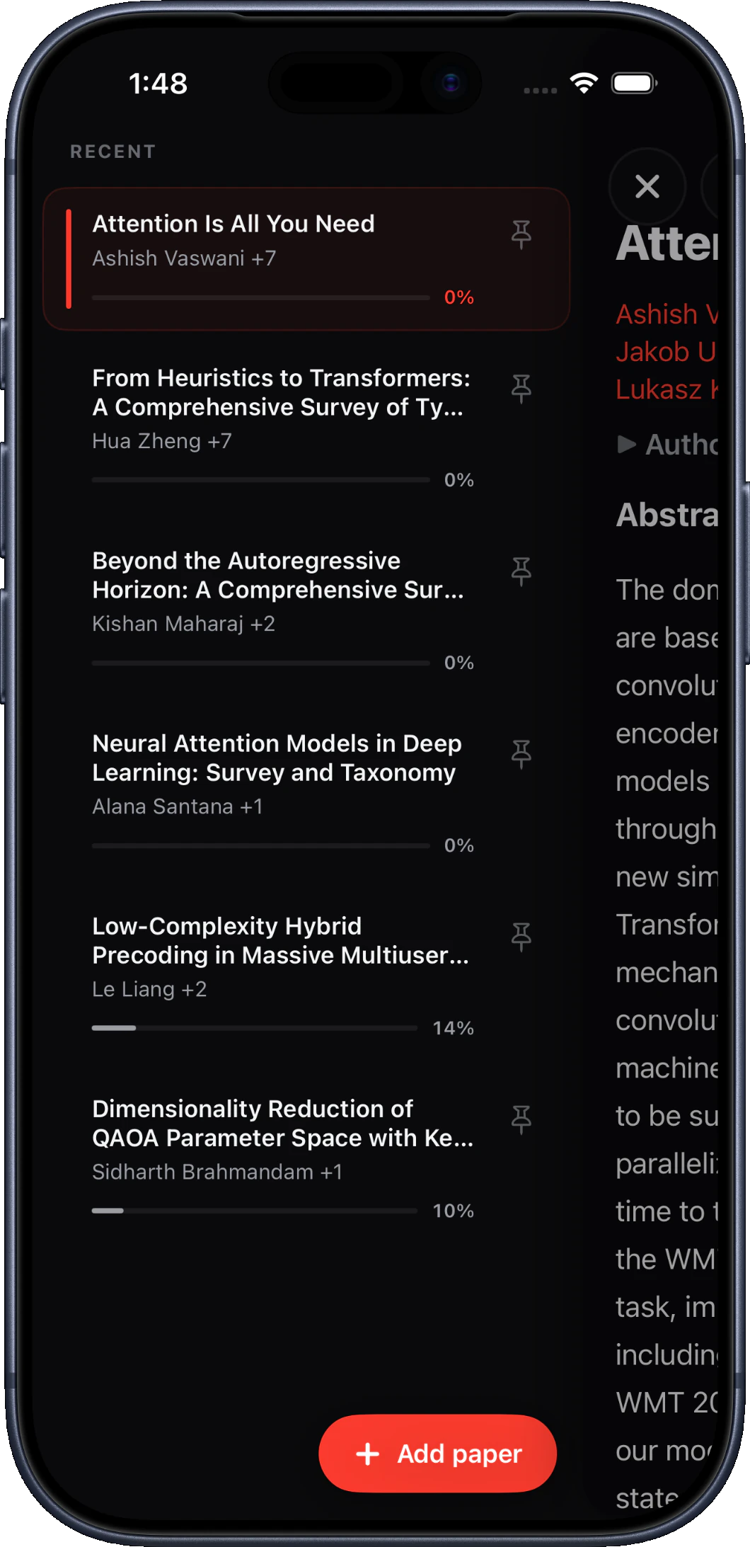 Recent and pinned papers beside the FirstPass reader on iPhone