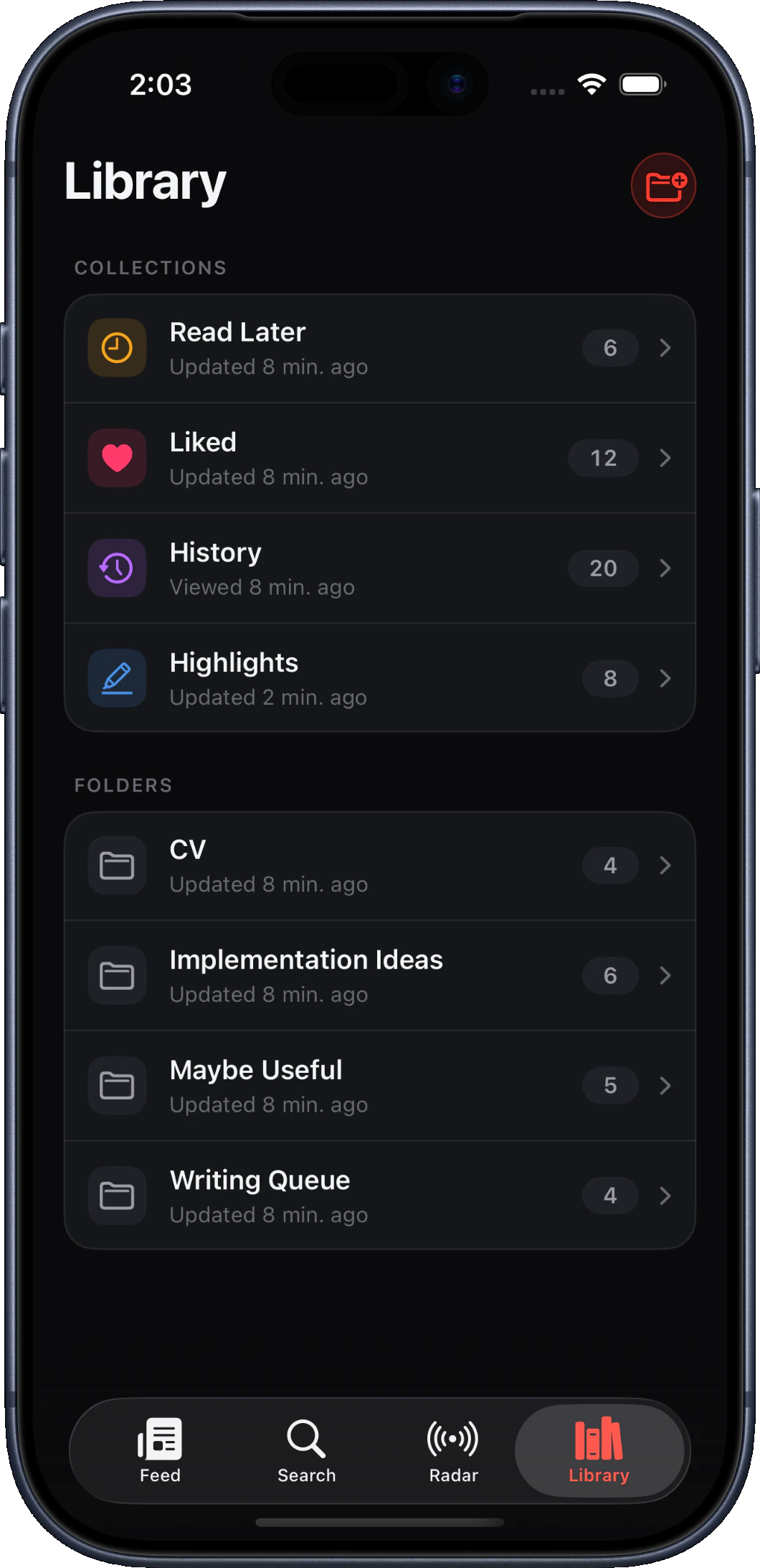 FirstPass Library showing saved papers and research collections on iPhone